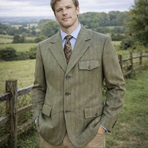 Vintage Green Herringbone w Blue Pin-stripe Blazer Sports Jacket